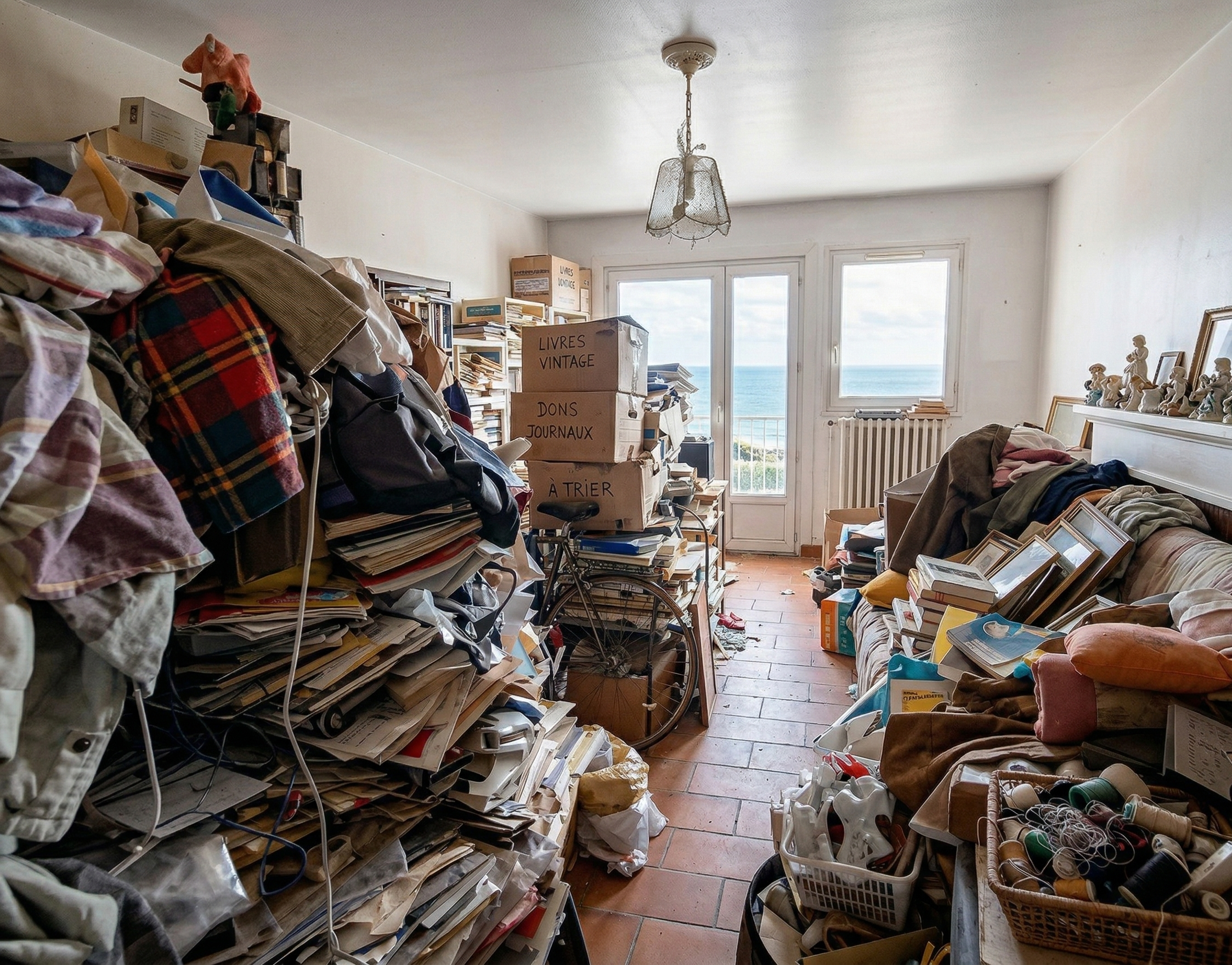 Appartement encombré avant débarras à La Ciotat — vue mer, sol terre cuite