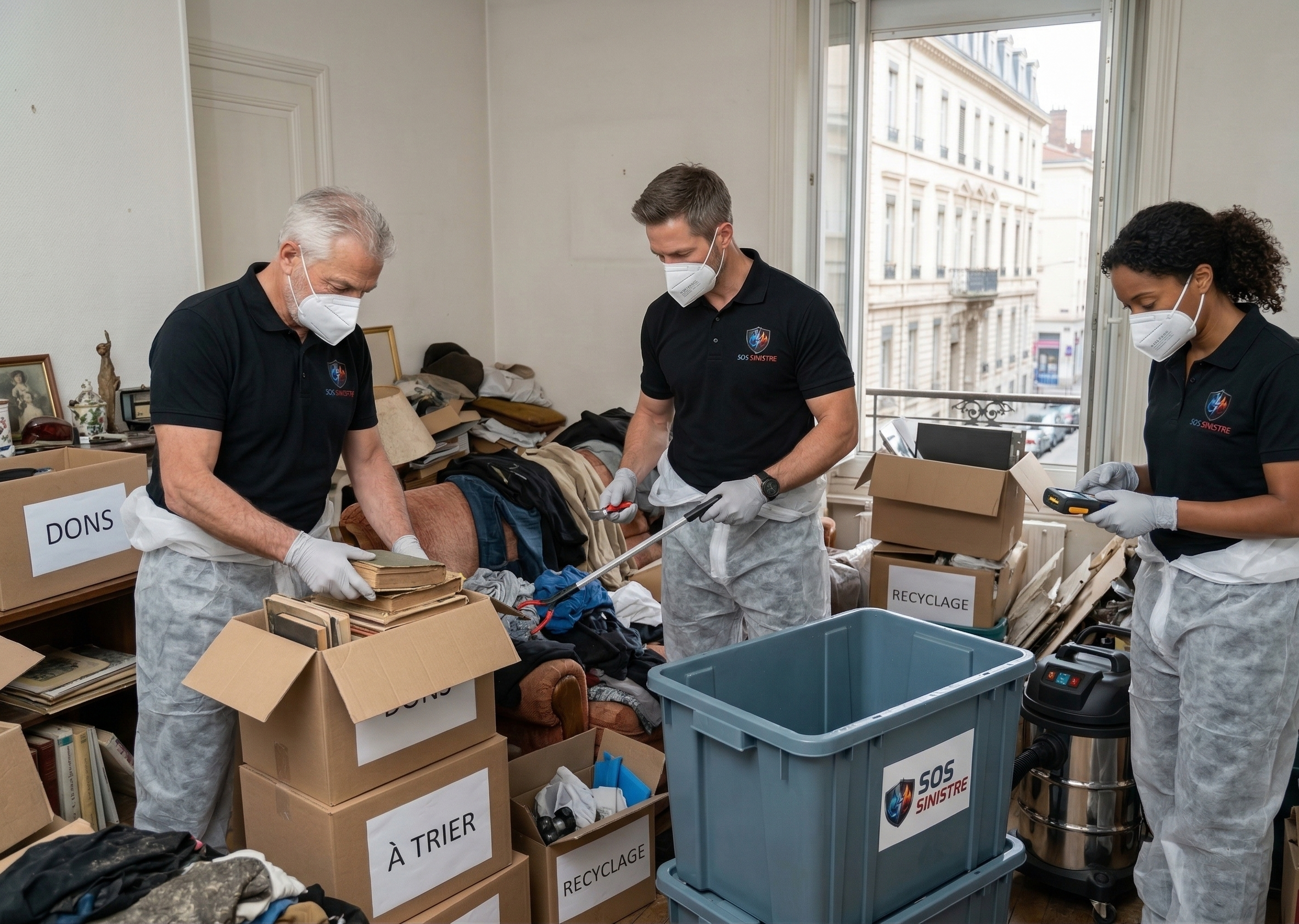 Équipe SOS Sinistre PACA en tri actif — cartons étiquetés DONS, À TRIER, RECYCLAGE