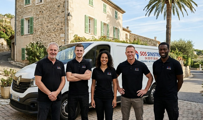 Équipe SOS Sinistre PACA devant le van d'intervention — 5 professionnels du débarras à La Ciotat