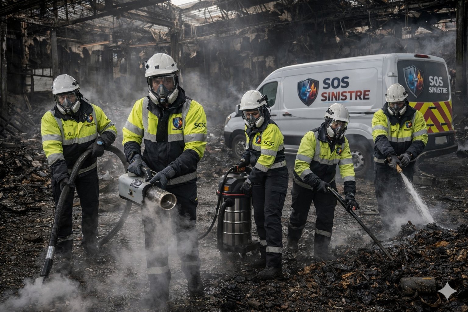 Équipe SOS Sinistre PACA en intervention après incendie
