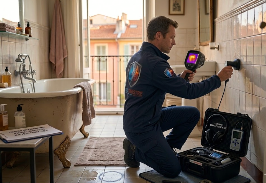 Technicien SOS Sinistre PACA effectuant une recherche de fuite par caméra thermique dans une salle de bain à Cagnes-sur-Mer